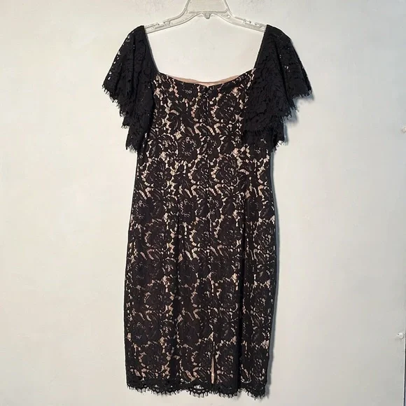 ELIZA J Cocktail/Wedding Floral Black Lace Off Shoulder Flutter SLV Sheath 10 - Picture 4 of 16